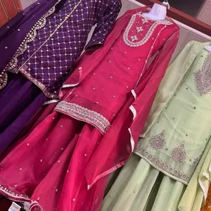 Pink Anarkali kurta with bell shape sharara set . Stone jewel work on kurta and sharara . Bust 42 . We can attatch 3/4 th long sleeves