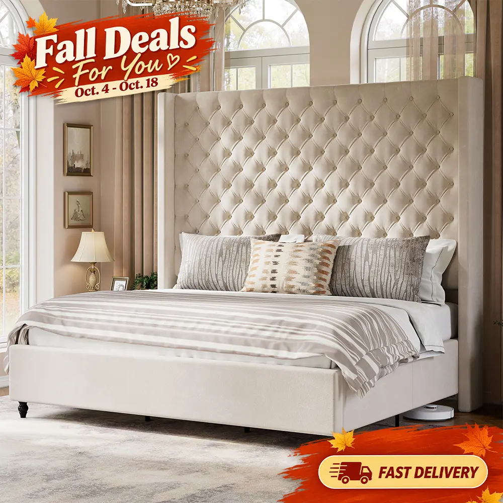 ALBOTT King Size Modern Platform Bed Frame with 63"/65" Tall Upholstered Winged Headboard, Handcrafted Pleated Upholstery, Deep Button Tufting, Solid Wood Legs, No Box Spring Needed, Requires Assembly, Cream/White/Grey [TikTokShopFallDealsForYou]