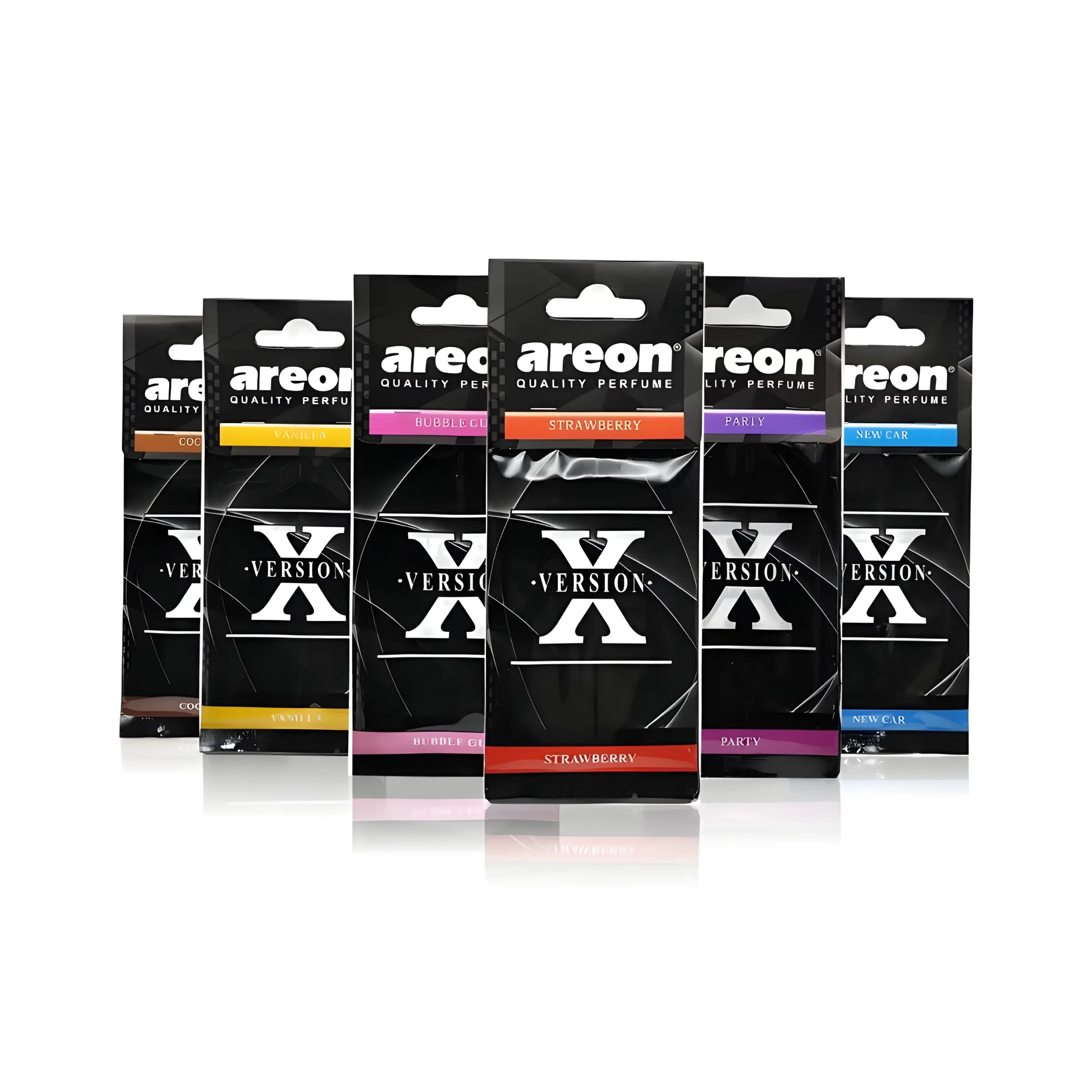 6-Pack Areon X Version Car Perfume, Car Fragrance Set, Assorted Scents Coconut Vanilla Bubble Gum Strawberry Party New Car Scented Air Freshener for Cars & Home Use