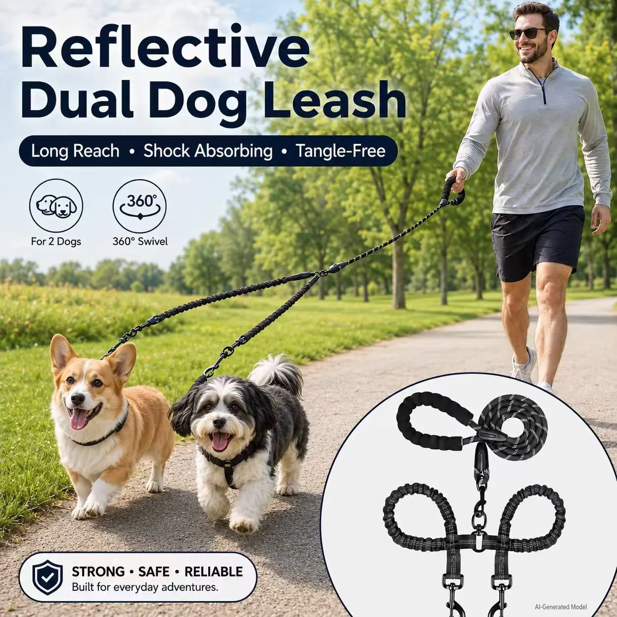 78-Inch Reflective Dual Dog Leash for 2 Dogs, Tangle-Free Double Lead with Durable Nylon Bungee Shock Absorbers, Anti-Pull P-Style Walking Rope, 360° Swivel Hooks for Small & Medium Dogs, Walking, Training, Jogging & Outdoor Trave