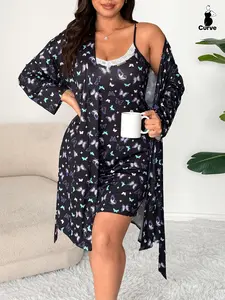 Plus Size Floral Butterfly Lace Slip Dress & Long Sleeve Robe Set, Casual Fitted Aesthetic Home Wear Loungewear, All Seasons Comfortable Sleepwear