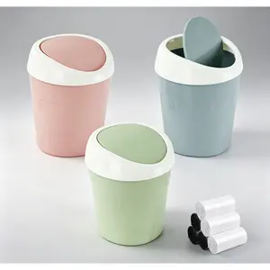 [HUOMAQFAN] Mini Plastic Desktop Wastebasket with Swing Lid, 2 or 3 Pack with 120 Trash Bags, Small Tabletop Garbage Bin for Home Office, Blue/Green/Pink