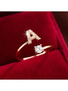 Adjustable 26 Letter Ring with Sparkling Synthetic Zircon Inlay, Multiple Letter Options, Adjustable Initial Rings, Suitable for Daily Wear, Parties, Celebrations, Holiday Gifts