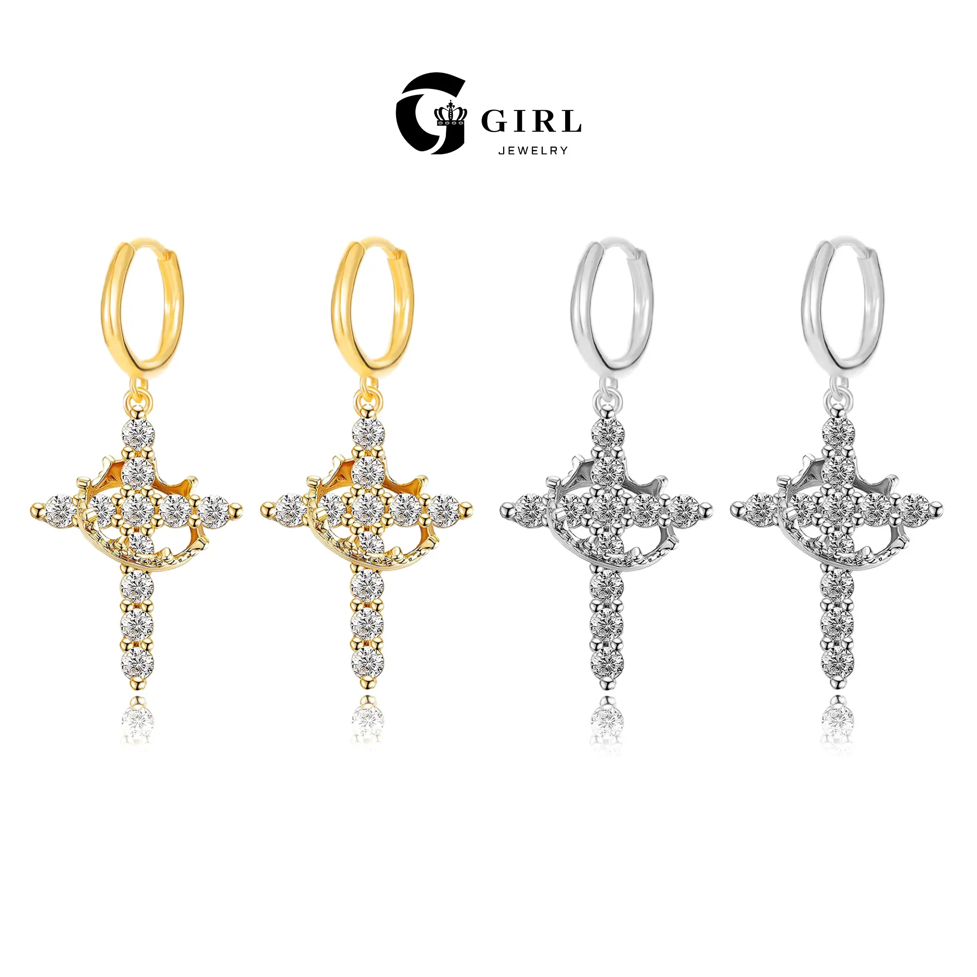 GGIRL 18K Gold-Plated Rotatable Crown & Cubic Zirconia Cross Earrings, Artificial Gemstone Jewelry, Luxurious Versatile Holiday Gift for Women