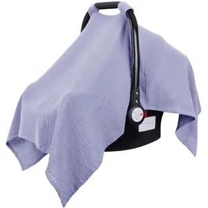 100% Cotton Muslin Baby Car Seat Cover - Breathable, Lightweight Summer Canopy, Stroller Accessories Cover for Newborns (Purple)