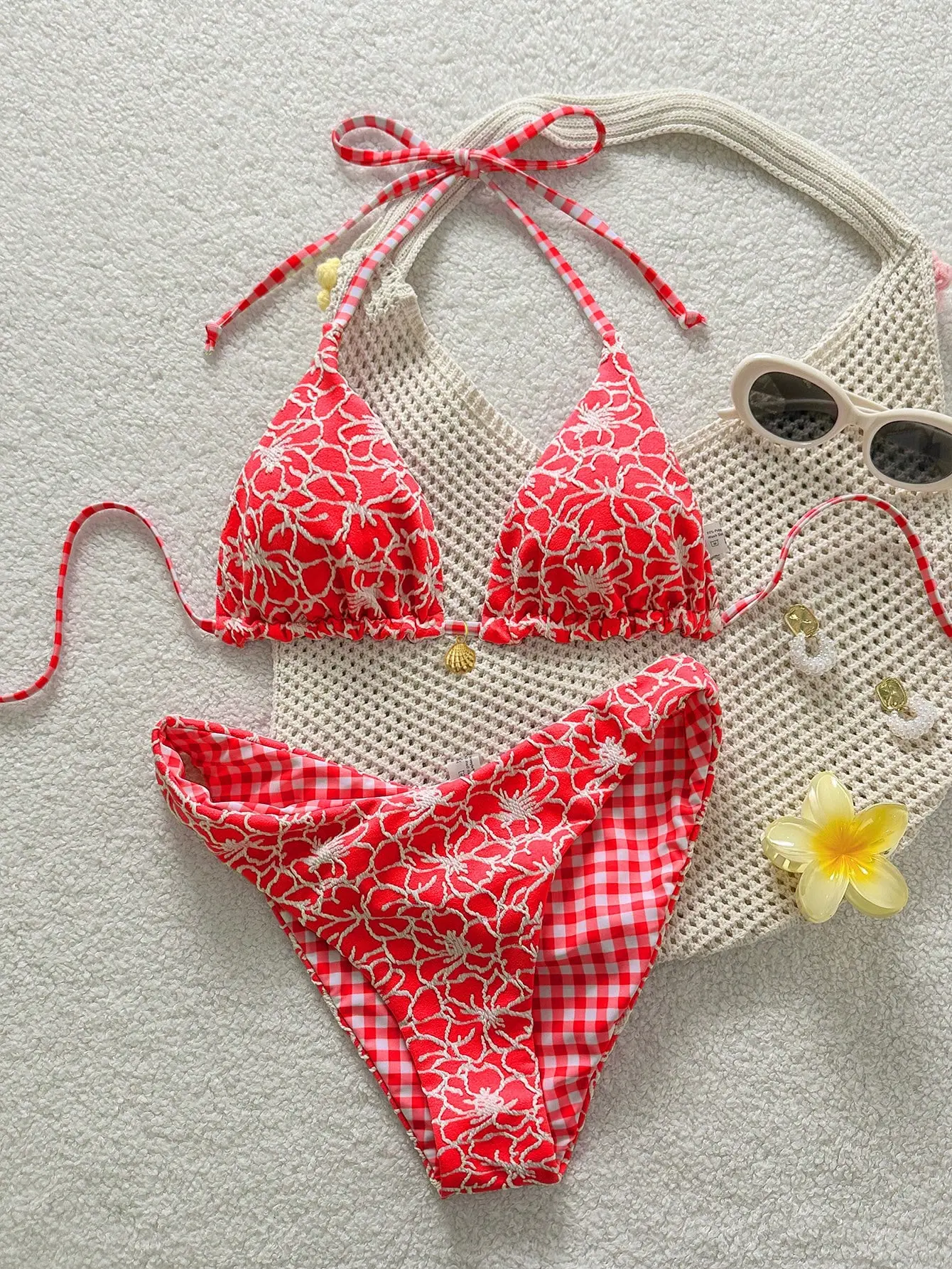 Women's Red Gingham Floral 2-Piece Bikini Set, Halter Tie Triangle Sexy Swimsuit for Summer Beach Vacation