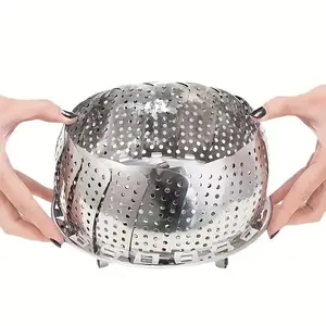 Stainless Steel Folding Steamer Pot with Non-Slip Base and Lid, Space Saving Design for Home, Restaurant, Food Truck, Multifunctional Steaming Basket