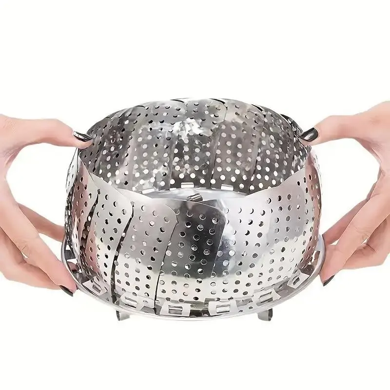 Stainless Steel Folding Vegetable Steamer Pot with Sturdy Metal Handle, Non-Slip Base and Lid, Space Saving Design for Home, Kitchen, Restaurant, Food Truck, Multifunctional Steaming Basket