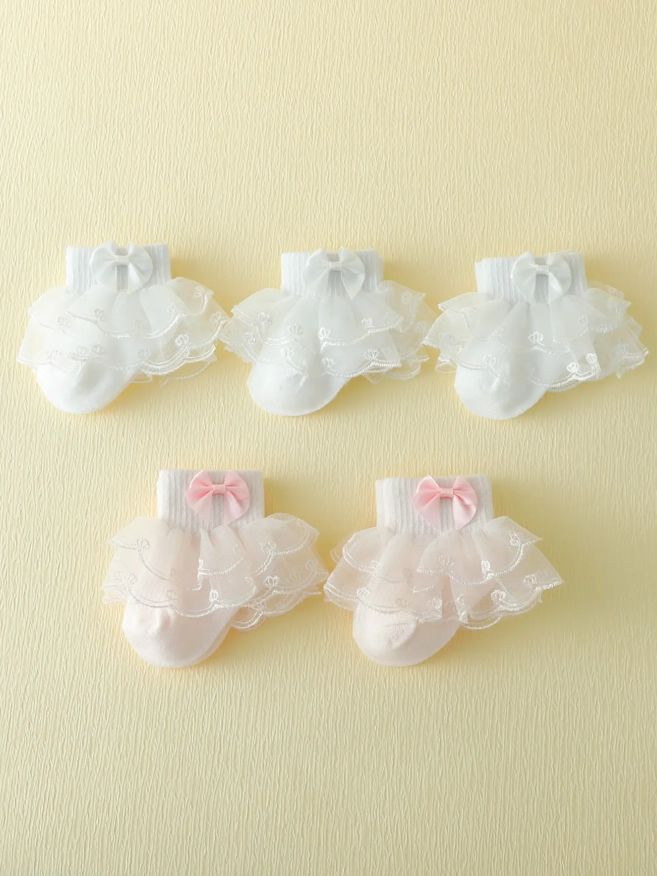 5 Pairs Baby Bowknot Double Layer Ruffle Socks, Infant Socks, Newborn Socks, Cute Socks, Baby Clothing, All Seasons, Daily Wear, Full Moon, First Birthday, Special Occasions