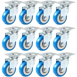 12 Pack Caster Wheels Swivel Plate Casters On Blue Polyurethane Wheels PU