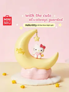 MINISO Hello Kitty  Sweet Style LED Night Light, Moon Shape Cute Bedside Lamp, Soft Warm Light Decorative Ornament, Portable USB Rechargeable Night Lamp, Ideal Birthday Holiday Gift for Girls Bedroom Home Decoration#Summervibes