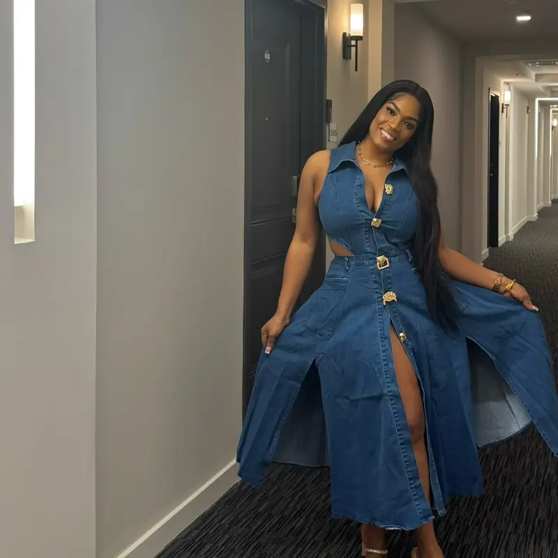 Dress jeans Cut-Out Denim Maxi Dress Sleeveless Button-Down with Slit - TikTok Shop Dress jeans Cut-Out Denim Maxi Dress Sleeveless Button-Down with Slit - TikTok Shop