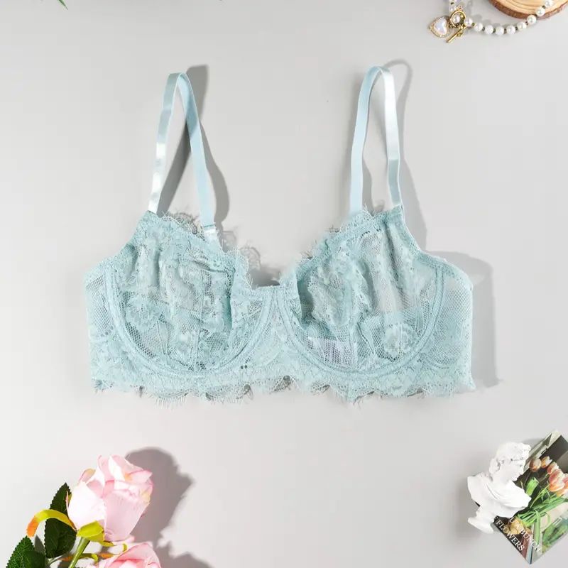 Sheer Floral Eyelash Lace Summer Bralette with Adjustable Straps, Feminine Comfy Lingerie for Daily Wear