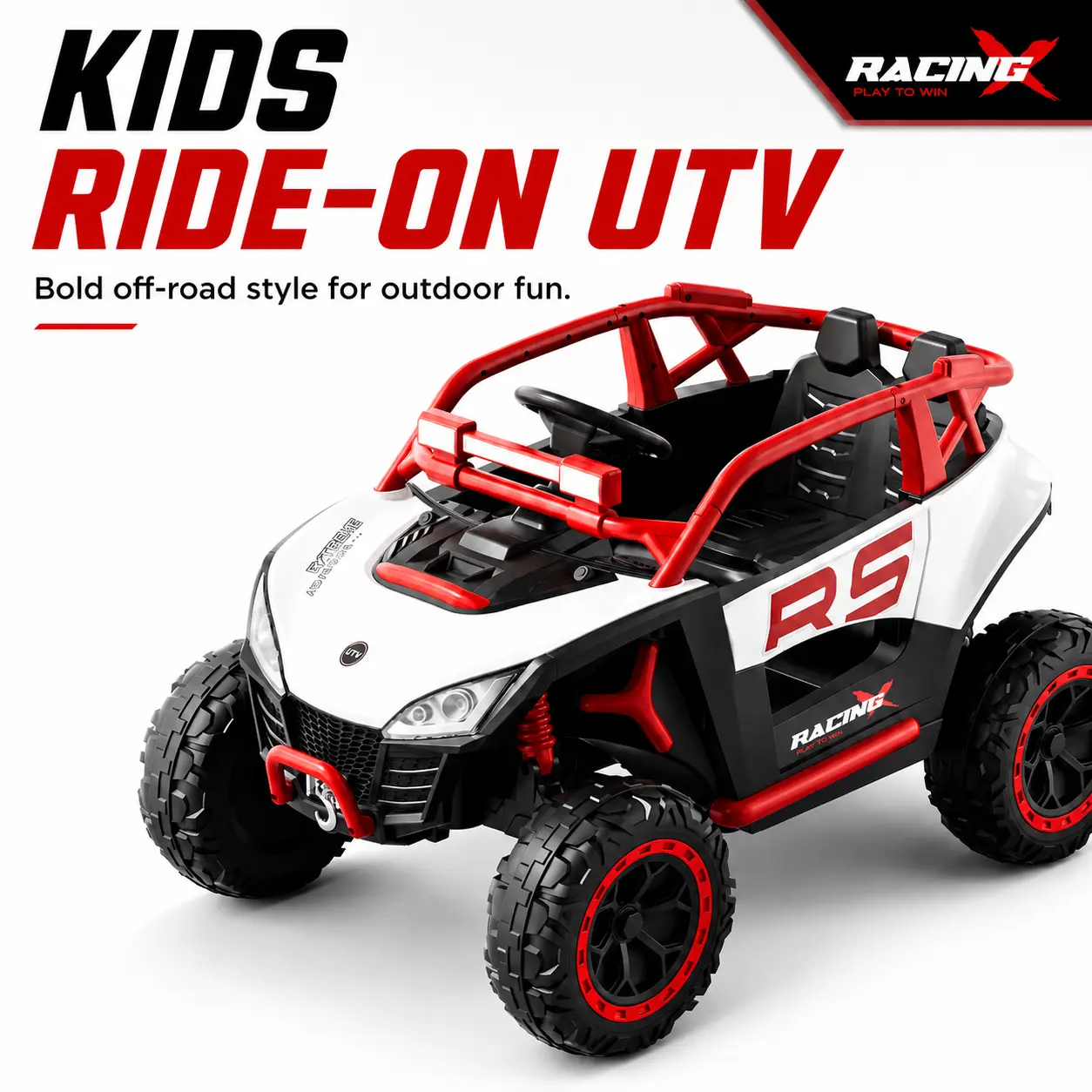 Kids Electric Off-Road UTV Ride-On Truck, 2-Seat Design, LED Lights, Rugged Tires, Easy Steering, White/Red Color Option