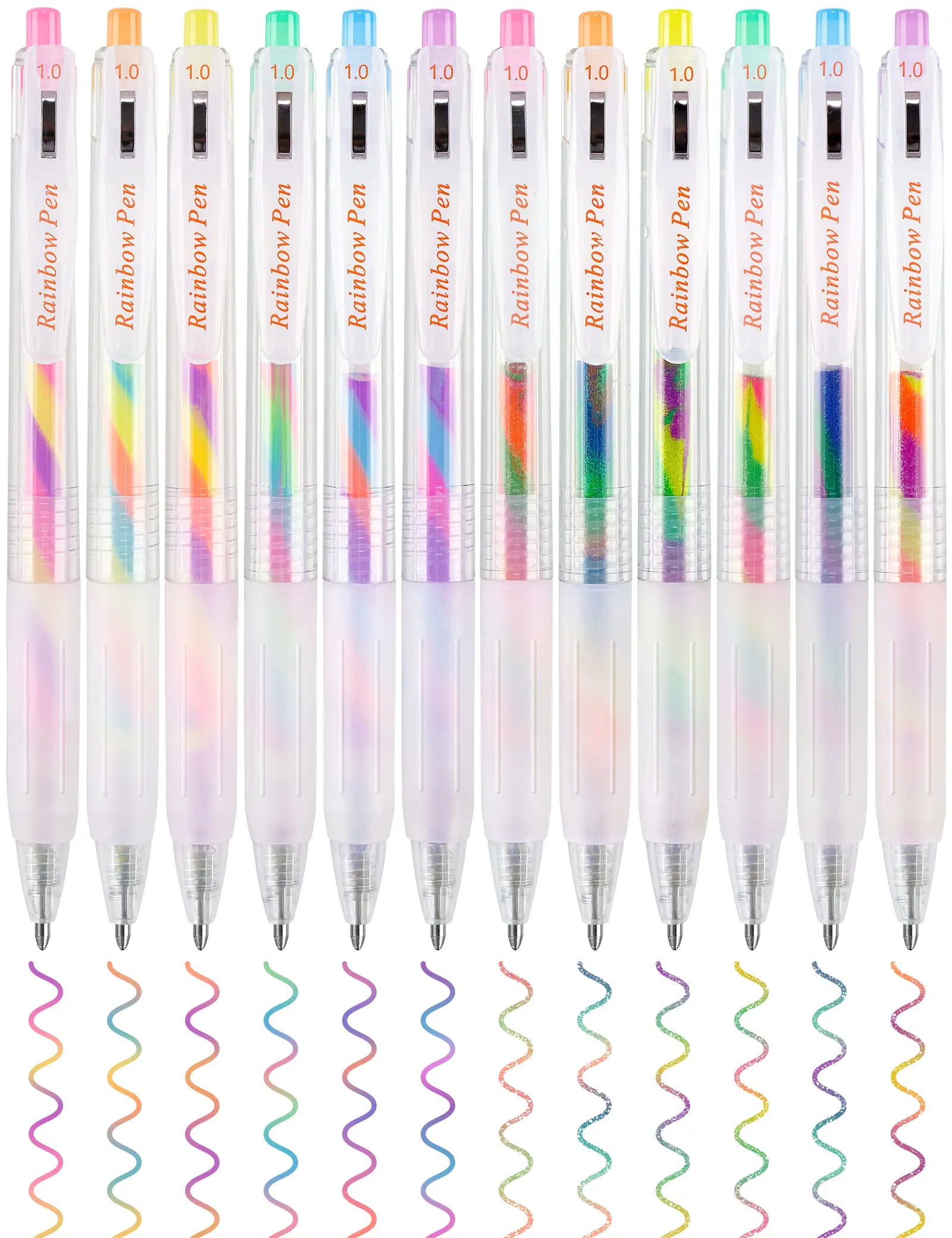 NiArt Retractable Rainbow Gel Ink Pens 12-Pack for School, Home, Office - Tri-Color Gradient Blend for Artistic Writing, Sketching, Journaling, Ergonomic Non-Slip Grip and Wide Clip for Easy Carry, Colored Pens Set, Aesthetic Gel Pens
