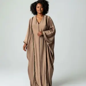 Hajara Brown Abaya Dress with Waist Clinch and Embroidered Details for Women's Fashion