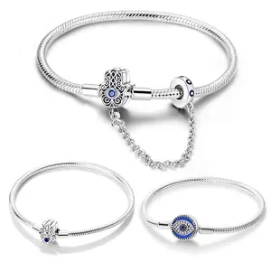 925 Sterling Silver Demon Eye Bracelet Original Evil Eyes Basic Chain Hand of Fatima Blue Zircon Charm Bracelets Jewelry 17-20CM