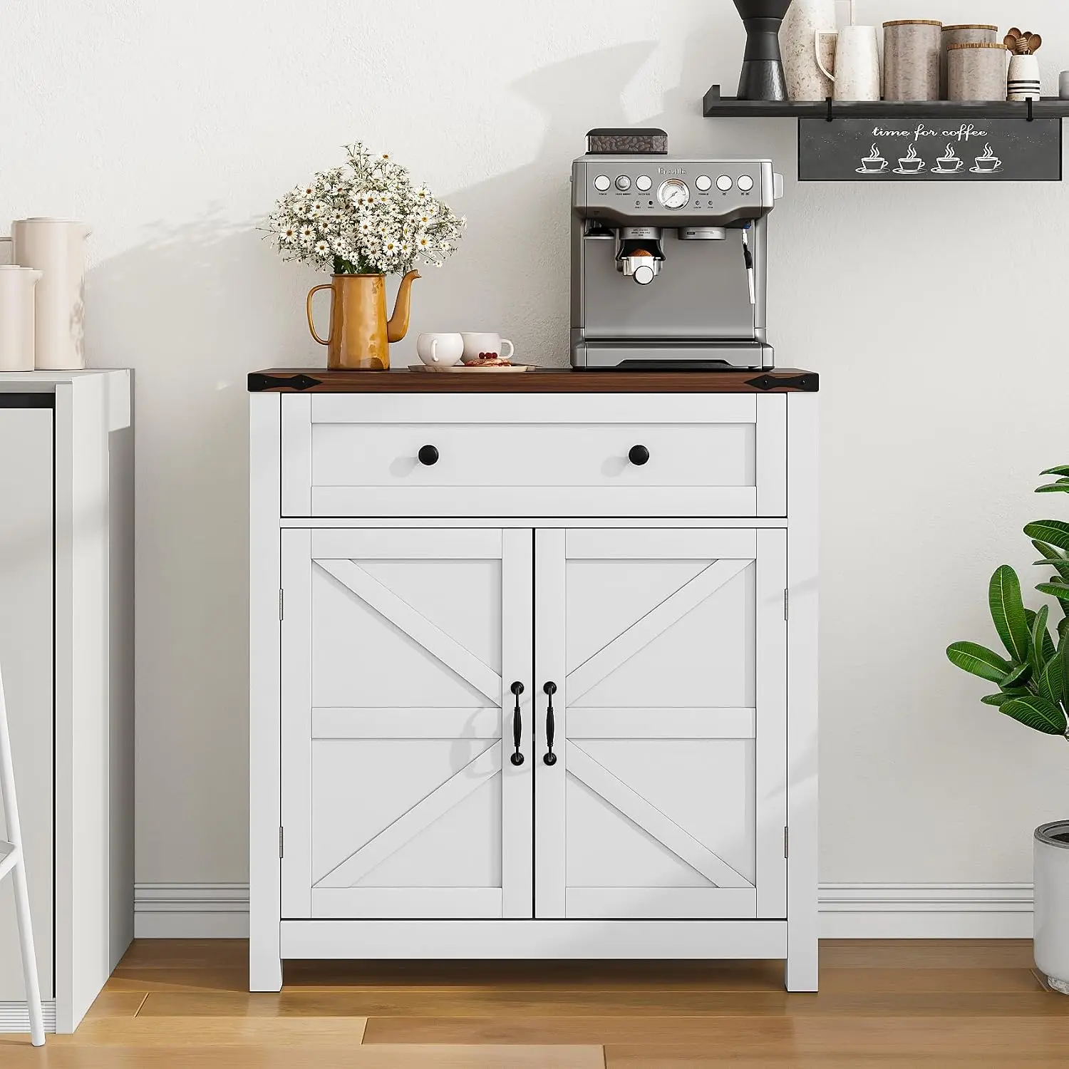 Farmhouse Storage Cabinet with Drawer and Adjustable Shelf, White Freestanding Cabinet with Walnut Countertop, Multi-Purpose Coffee Bar Console for Kitchen, Dining Room, Bathroom and Entryway