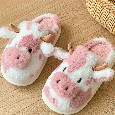 Women's Classic Round Toe Cotton Plush Slippers - Cute Cow Charm with Beads, Non-Slip, Winter Warm, Walking Shoes, Indoor Casual Footwear, Gifts for Girlfriend