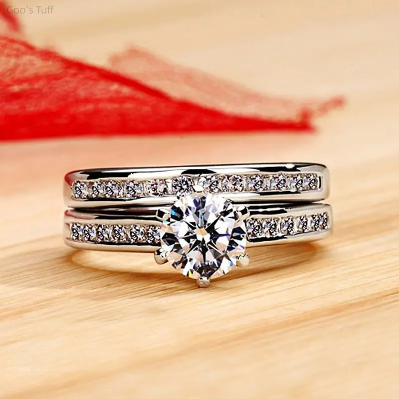 Couple's 6-Prong Matching Ring Set, White Gold-Plated Costume Jewelry with Exquisite Zircons, Stackable Promise Bands for Engagement, Anniversary, Daily Gifting