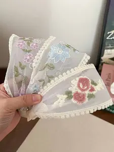 3Pcs New Embroidery Mesh Lace Flower Side Headband, Niche Design Sweet Elegant Hair Hoop for Women
