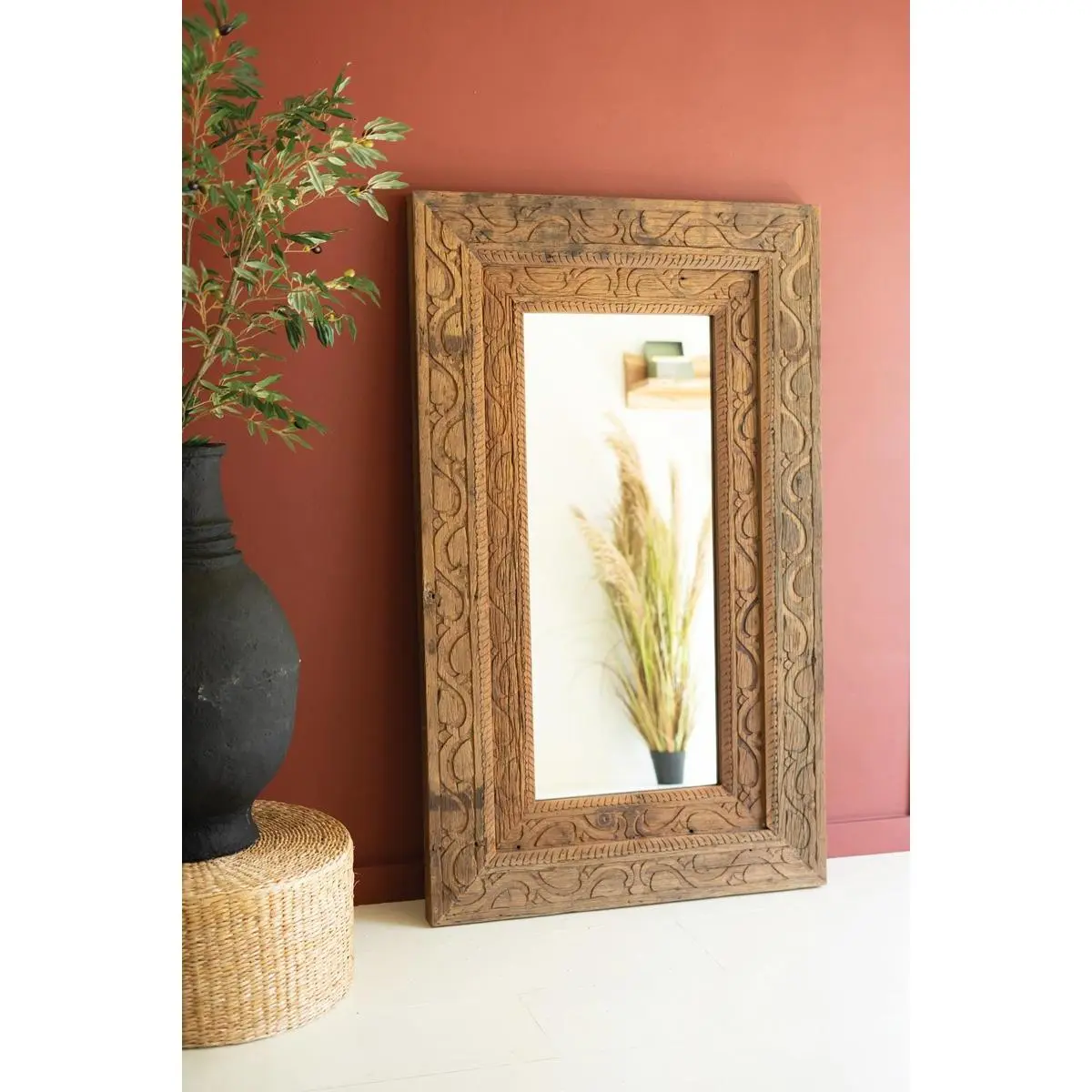 Hand Carved Recycled Wood Framed Mirror