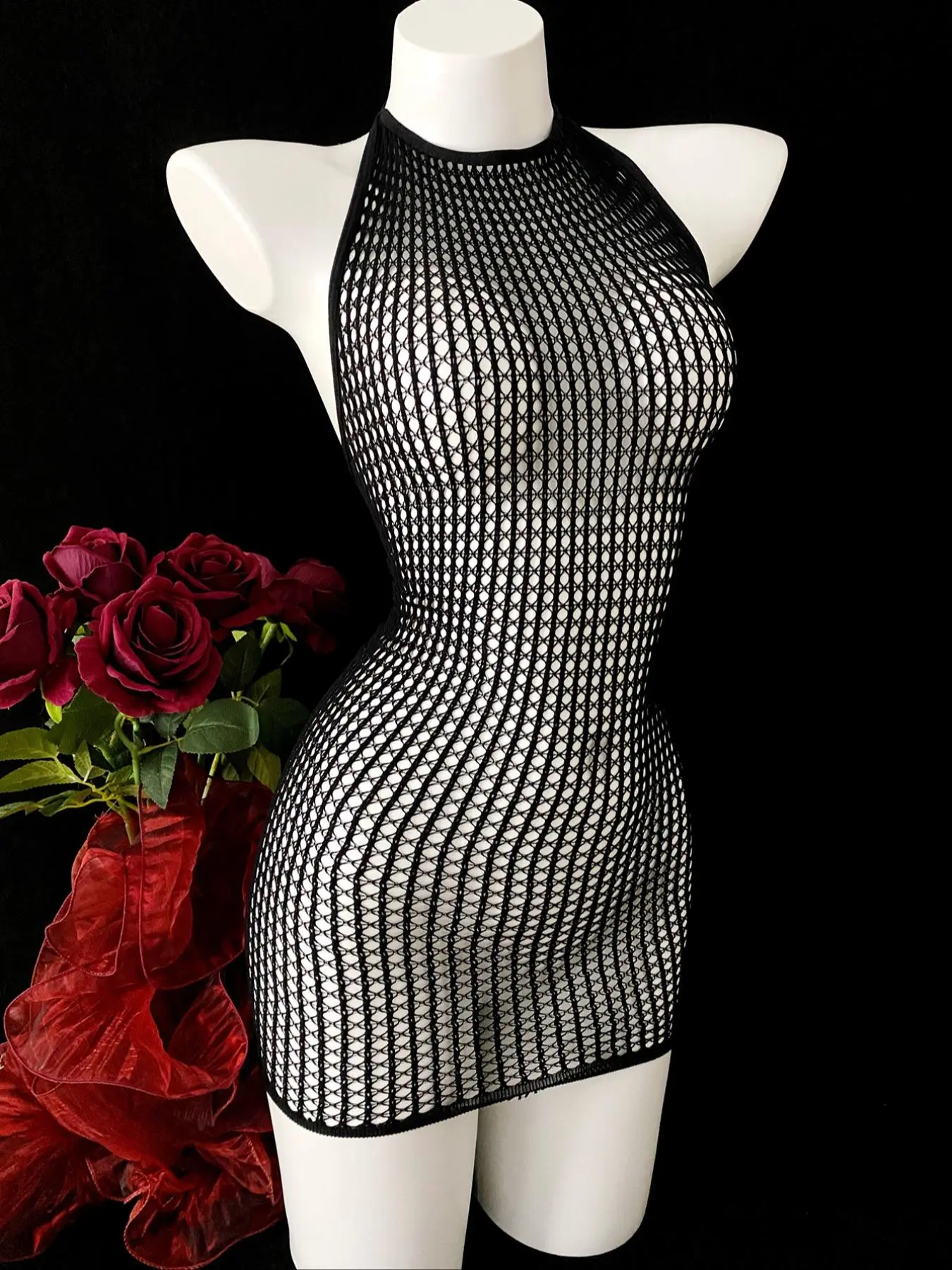 Women's Solid Fishnet Cover Up Dress, Casual Sleeveless Halter Neck Beachwear for Beach Holiday Vacation, Ladies Swimwear for All Seasons, Mesh Cover Up, Swimsuit Cover Up, Beach Coverup, Swimsuit Coverups, Summer Coverup