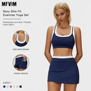 MFVIM women’s sports casual set featuring a faux two-piece bra and high-waisted color-block skirt; fitness outfit