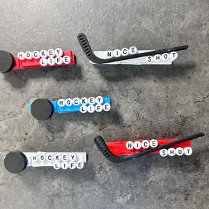 5 Hockey Life puck Sports Clips - Handmade Wooden Clothes Pins with Hockey pucks & sticks. Perfect for your next Hockey game, tournament or practice!