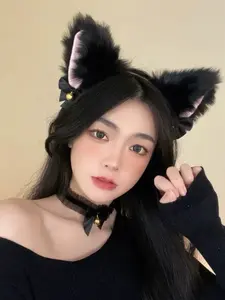 Cat Ear Headband & Collar Set, Cute 2000s Style Faux Fur, Lace Details, Unique Random Print, Halloween Party Costume Accessory