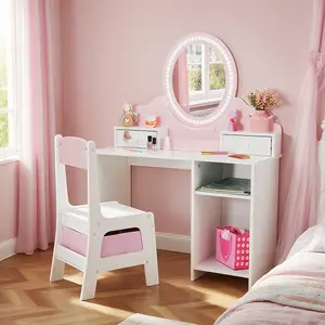 Kids Vanity with Lights Pink Girls Makeup Vanity with 2 Drawers Storage Cabinet & Shelves 2 in 1 Toddler Vanity Table and Chair Set Dressing Table for Kids 3+ with Cute Design