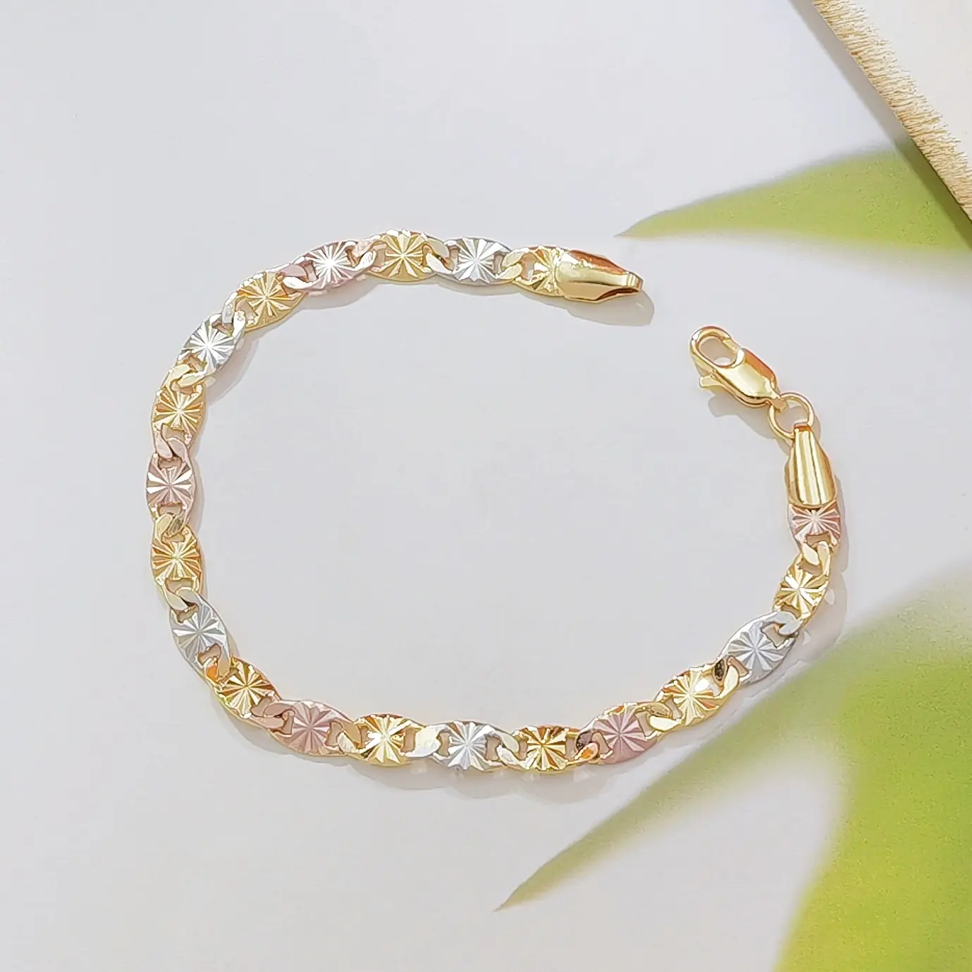 14K Gold Plated Tri-Color Mariner Link Bracelet for Women Waterproof Jewelry with Floral Engraving Perfect Anniversary Gift for Mom Wife or GirlfriendA
