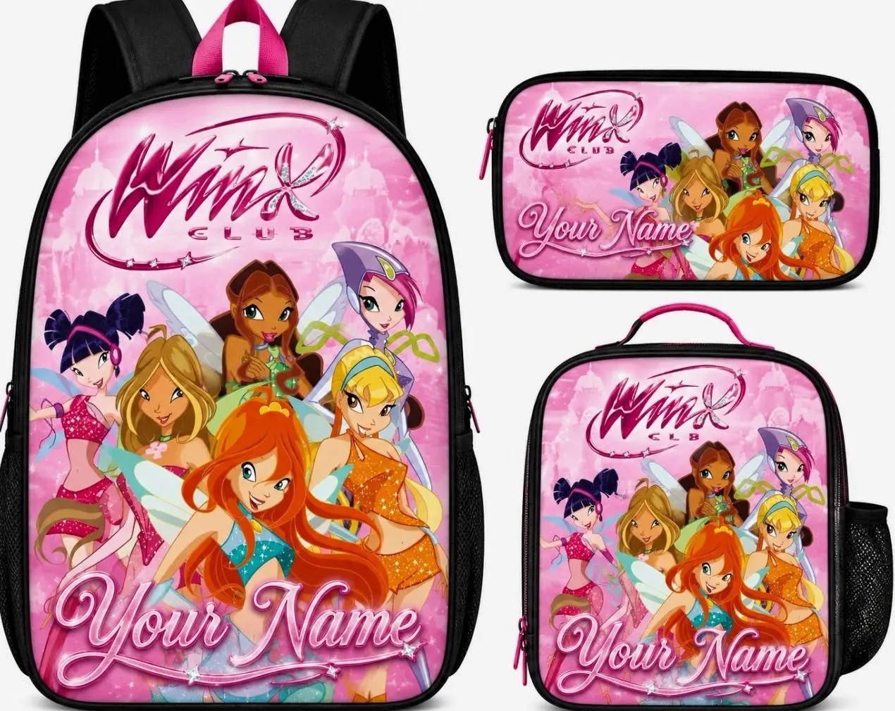 Personalized Magic Fairy Princess Backpack Set | Custom Name Girls School Bag Insulated Lunch Box Pencil Case | Gift for Kids