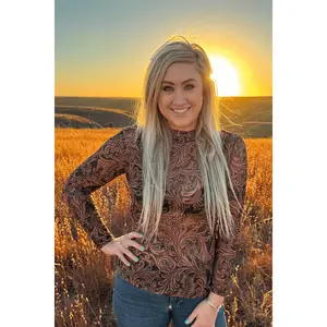 Sterling Kreek Women's Long-Sleeve Casual Blouse - Polyester-Spandex Infused, Tooled Print Leather Motif, Mesh Look Shirt for Everyday Style