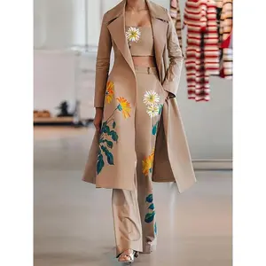 New Stylish Floral Print Three-Piece Set - Office Women's Long Coat, Strapless Inner Top, Loose Straight Long Pants & Spandex Fabric  Elegant Sleeve