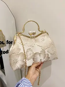 Women's Elegant Flower Embroidery Handbag, Fashionable Large Capacity Shoulder Bag for Party, Trendy All-match Commuter Bag for Daily Used