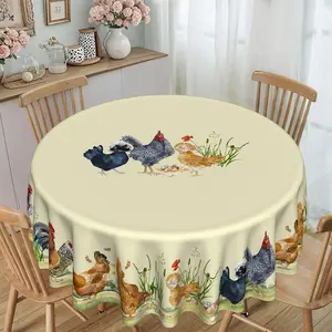 Round Tablecloth with Floral and Poultry Print, 120g/m² Polyester, Furniture Protector, Party Decor, Hotel, Restaurant, Home Use