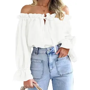 Womens Off The Shoulder Tops Puff Long Sleeve Tie Front Loose Fit Ruffle Shirts Blouses