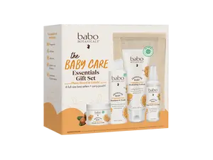 Babo Botanicals Baby Care Essentials 4-Piece Gift Set with Carry Pouch – Miracle Face Cream, Shampoo & Wash, Hydrating Lotion & Diaper Rash Cream Spray – Fragrance Free