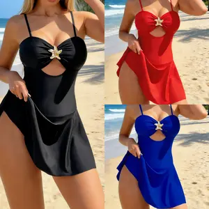 Women's 2026 Starfish Decor High-Waisted Tummy Control Flared Skirt Quick-Dry Swimdress, 1-Piece Swimsuits, Tummy Control Swimsuits for Summer Vacation, One Piece Swimsuits