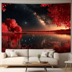 Red night scene of trees and moon, digital-printed polyester wall tapestry. Suitable for living room, bedroom and office.