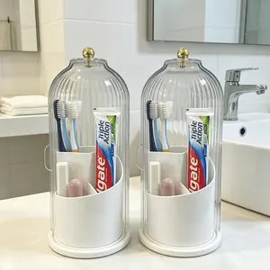 360° Rotating 3 Slots Toothbrush Holder With SlidingLid,Dustproof Bathroom Countertop Organizer,Non-Slip BaseToothpaste & Makeup Brushes Storage Caddy,Space-SavingVanity Counter Organizer For Bathroom Sink,White&Grey