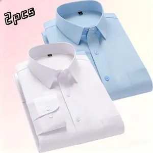 2-pack men’s solid-color no-iron long-sleeve dress shirts—lightly mature minimalist commuter formal style. Drapey, wrinkle-resistant, breathable fabric; structured classic lapel with refined stitched edges; slim fit that flatters the figure with 3D cuttin