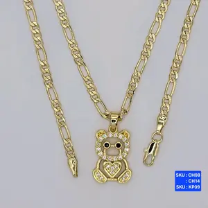 Bear with Clear Stones and Chain Fiagaro Link Diamont Cut 24 & 18 Inches 3.5 Millimeters Laminated Gold SKU CH08 CH14 SKU : KP09