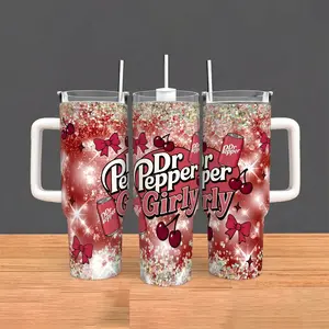 Dr Pepper Girly 40oz Insulated Tumbler With Handle & Straw, Coquette Cherry Bow Dark Red Chunky Glitter Stainless Steel Travel Mug, Trendy Cute Soda Lover Gift For Her, Girlfriends, Trending Cup On Tiktok Beverage, Pop Culture Custom Drinkware