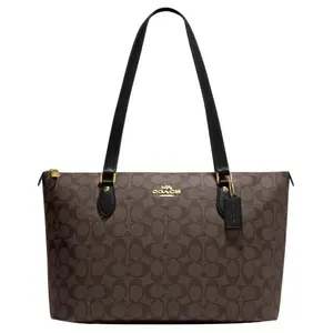 COACH Gallery 37 Tote Bag with Classic Stripe Logo and Coated Canvas Leather Combination for Women