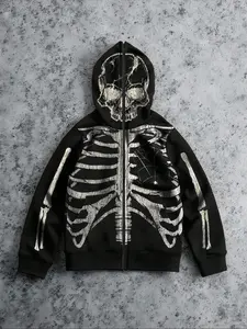 Men's Full Zip Fleece Hoodie, Winter Comfortable Sportswear, Day of the Dead and Halloween Skull Print Long Sleeve Hooded Jacket for Fall & Winter Outdoor Wear