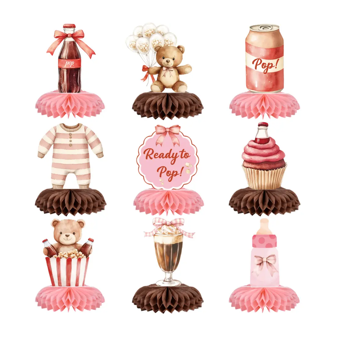9 Pcs Shes Ready to Pop Honeycomb Centerpieces for Shes Ready to Pop Baby Shower Decorations, Double Sided Table Decoration for Ready to Pop Baby Shower Decorations