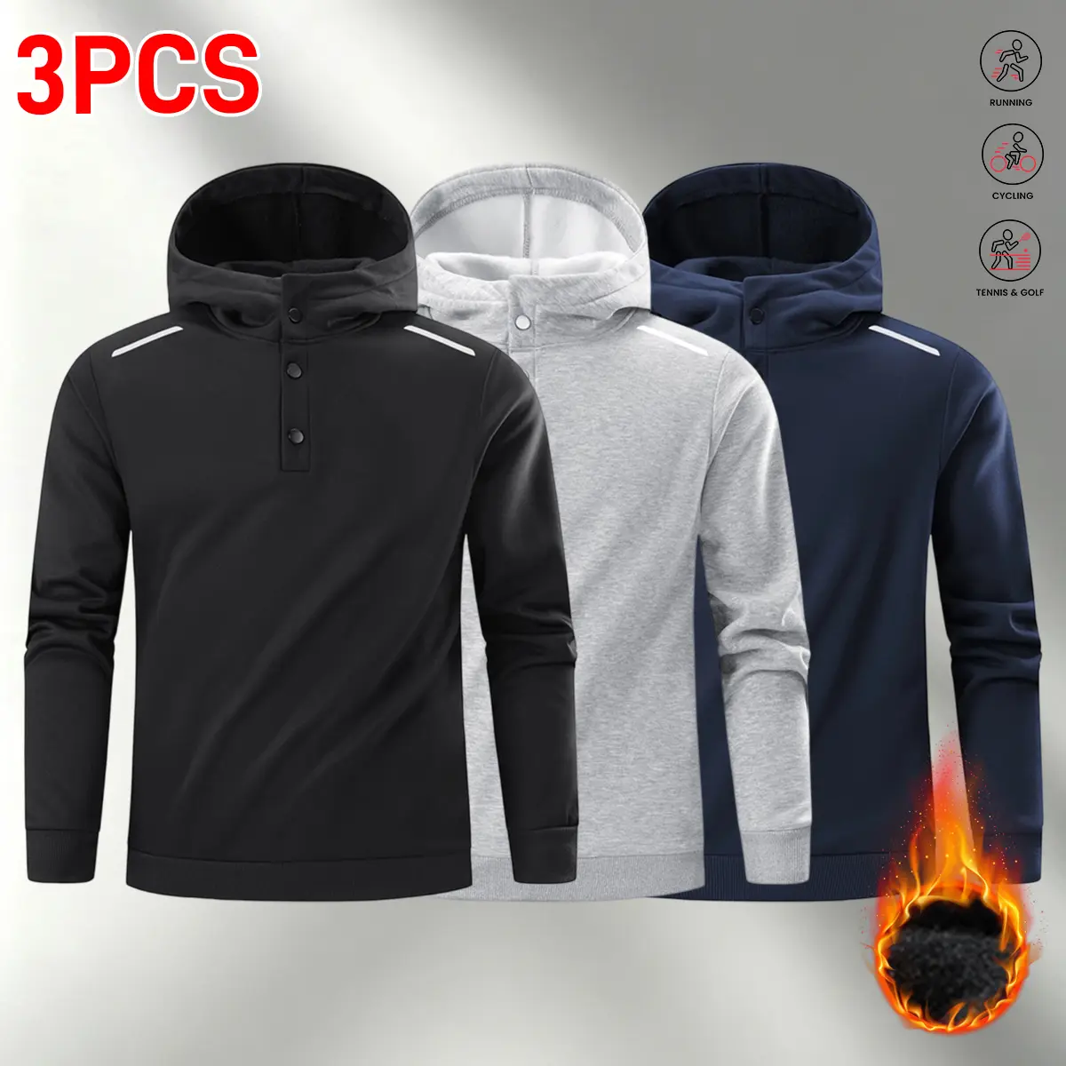 Men's 3 Pack Pullover Hoodies, Plain Long Sleeve Half-Button Polyester Fleece Tops with Reflective Strips for Outdoor Athletic Outfits, Activewear Men's Hoodies, Hiking / Light Outdoor, Long-Arm Men's Hoodies