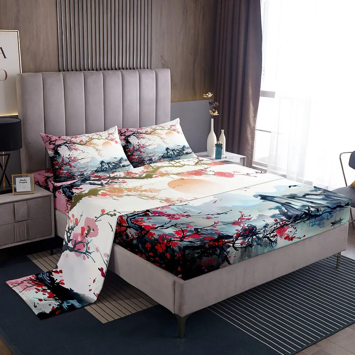 Feelyou Japanese Cherry Blossoms & Fuji Mountain Floral Bedding Set - Soft, Breathable Sheets, Multi-Size Nature Motif Bedding for Teens, Machine Washable, Bedding Sets Collections